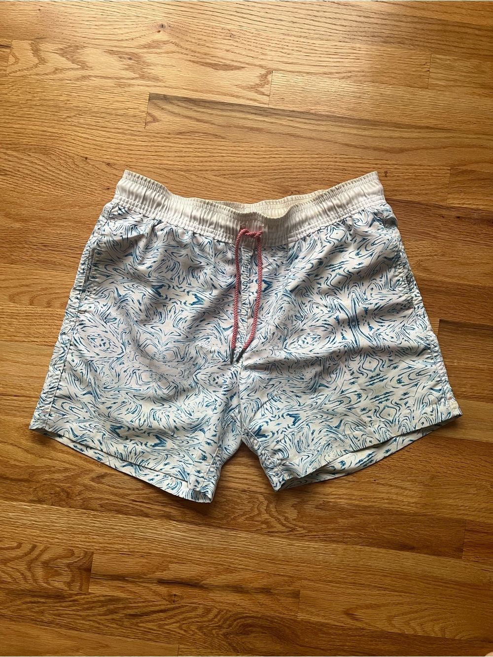 Venroy White Swim Trunks with Blue Marble Print and Pink Drawcord